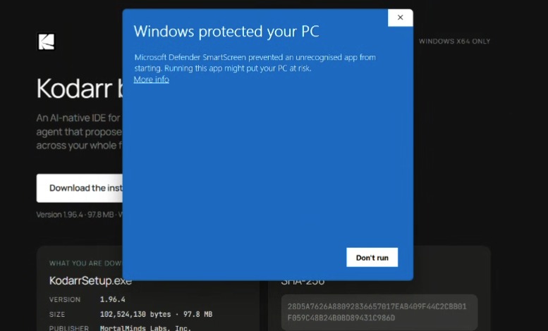 Windows SmartScreen “Windows protected your PC” dialog with a More info link