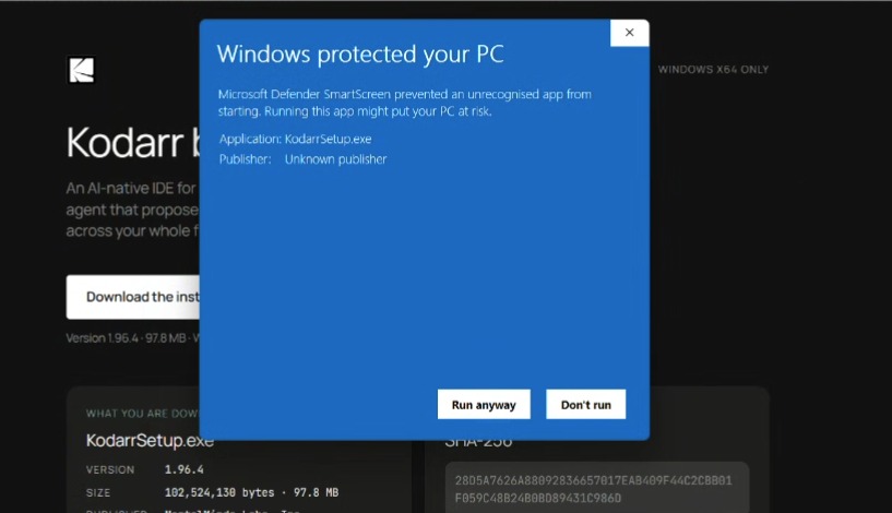 Windows SmartScreen dialog reading “Windows protected your PC”, with a More info link